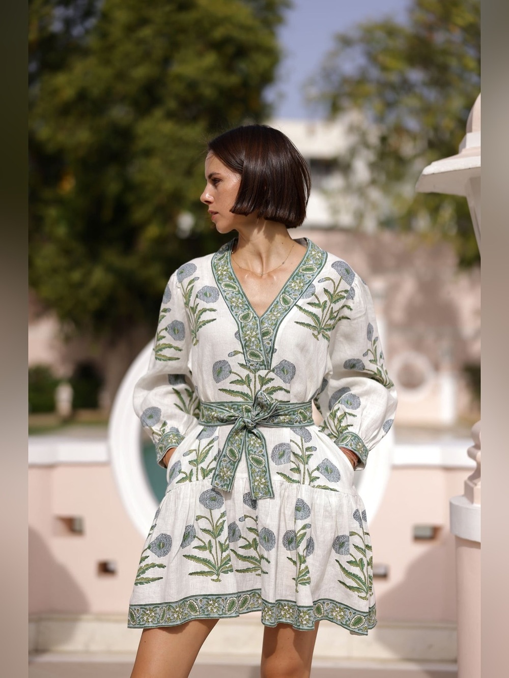 Maison Marigold Mykonos Mini Wrap Dress Floral Linen Cream XS NWT